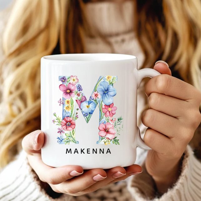 De Café Caneca Personalizada com Alfabeto Floral como Pres (Custom Monogram Name Mug for Mom or Bridesmaids, Custom Floral Alphabet Mug for Teacher or Nurse)