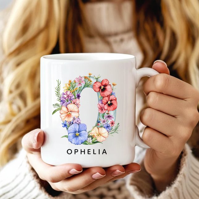 De Café Caneca Personalizada com Alfabeto Floral para Mãe  (Custom Monogram Name Mug for Mom or Bridesmaids, Custom Floral Alphabet Mug for Teacher or Nurse)