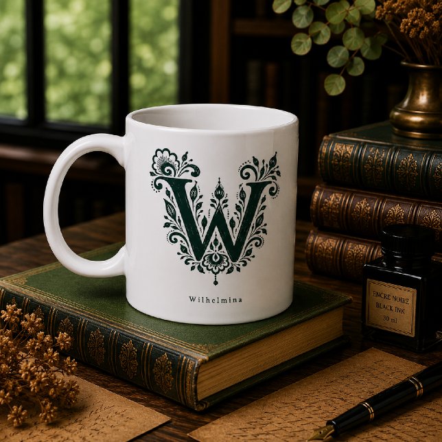 De Café Caneca Personalizada com Linocut Botânico da Letra (Criador carregado)