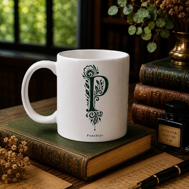 De Café Caneca Personalizada com Linocut Botânico da Letra (Criador carregado)