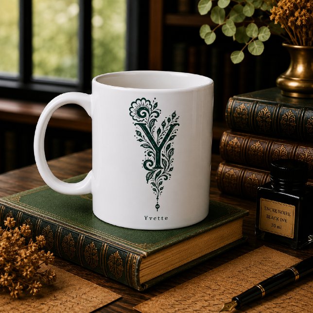 De Café Caneca Personalizada com Linocut Botânico da Letra (Criador carregado)