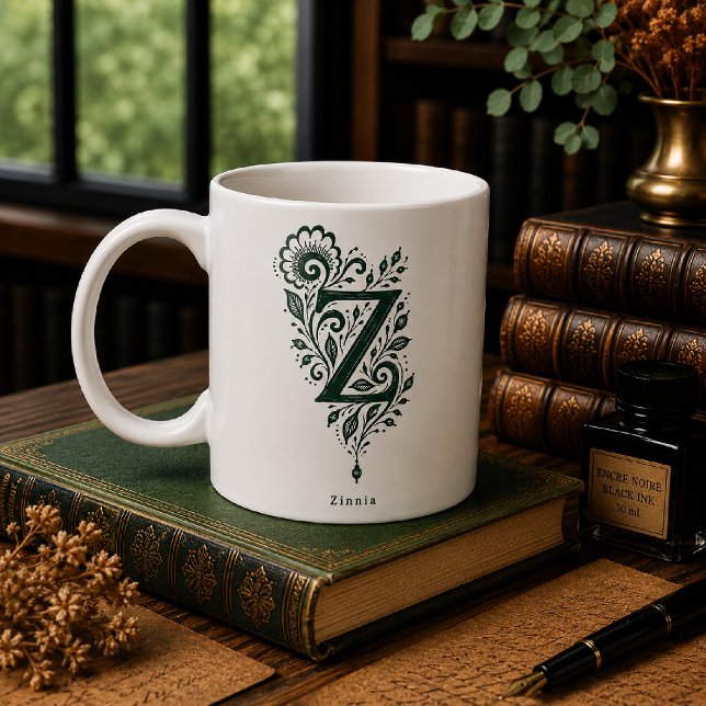 De Café Caneca Personalizada com Linocut Botânico da Letra (Criador carregado)
