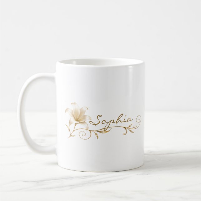 De Café Caneca Personalizada com Nome e Lírio em Dourado C (Esquerda)