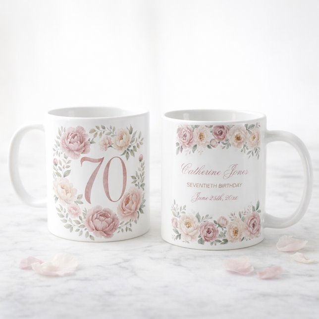 De Café Caneca Personalizada com Peônias em Aquarela para  (Watercolor Peonies 70th Birthday Personalized Mug)