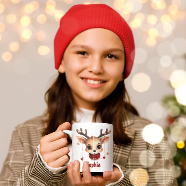 De Café Caneca Personalizada Cute Reindeer Face (Christmas Mug Keepsake for Children )