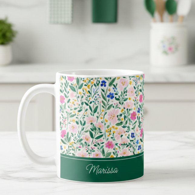 De Café Caneca Personalizada Floral Colorida (cute colorful floral green pink personalized mug with custom monogram name)
