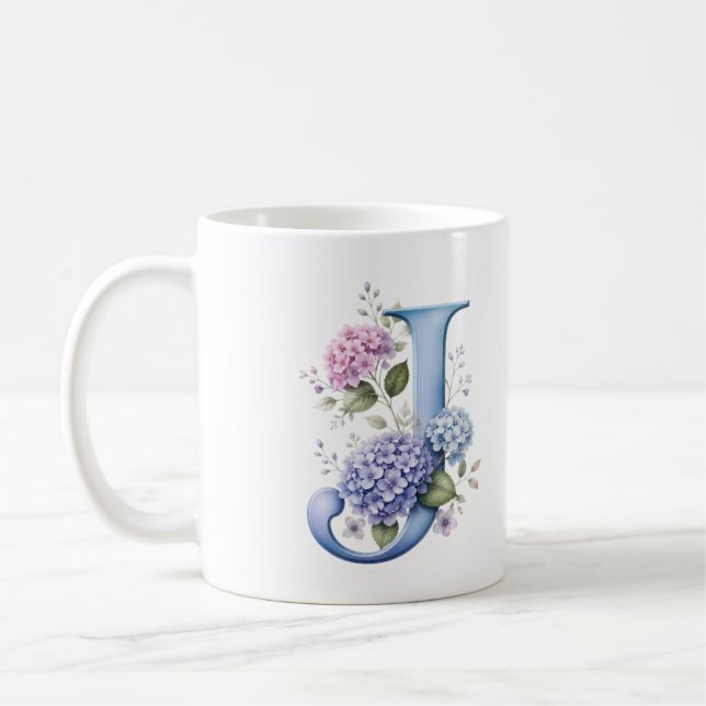 De Café Caneca Personalizada Floral Letra J Hydrangea (Esquerda)