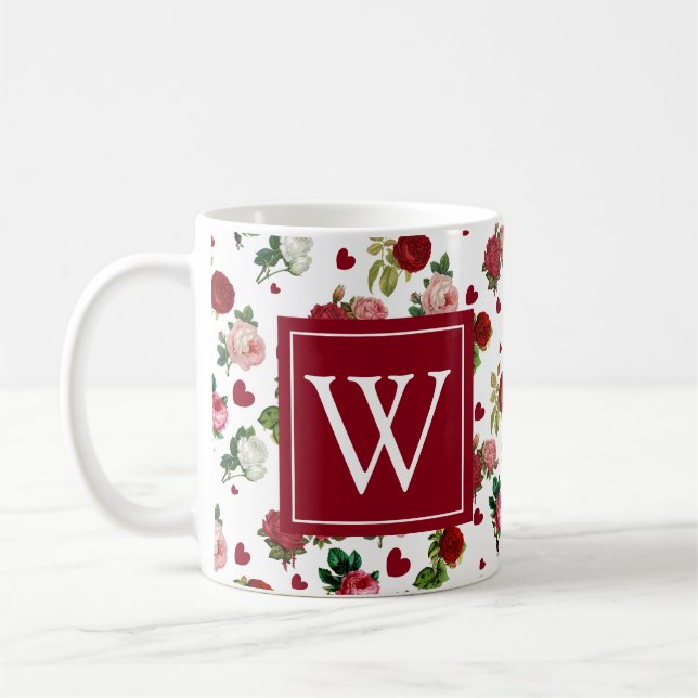 De Café Caneca Personalizada Inicial Rosas e Corações (Esquerda)