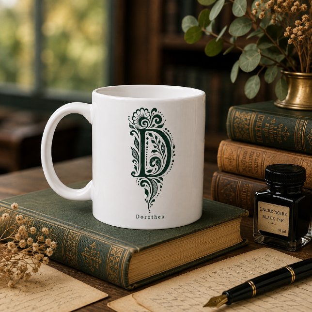 De Café Caneca Personalizada Linocut Botânico Letra D (Criador carregado)