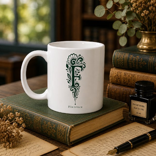 De Café Caneca Personalizada Linocut Botânico Letra F (Criador carregado)