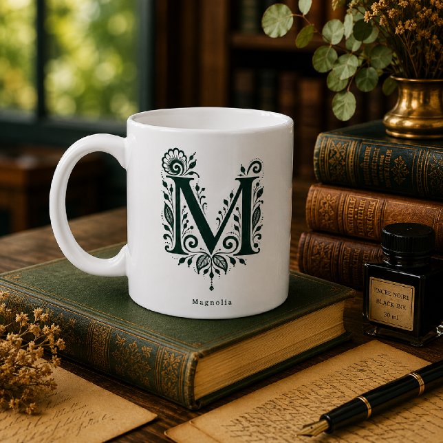De Café Caneca Personalizada Linocut Botânico Letra M (Criador carregado)