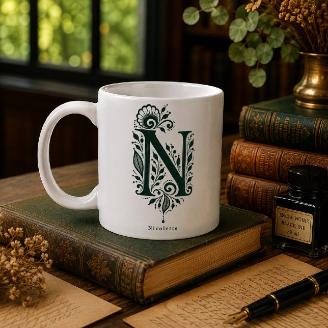 De Café Caneca Personalizada Linocut Botânico Letra N (Criador carregado)