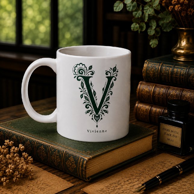 De Café Caneca Personalizada Linocut Botânico Letra V (Criador carregado)