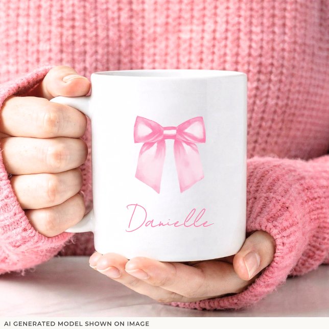 De Café Caneca Personalizada Moderna Elegante com Nome e L (11 oz Pink Bow Mug is shown. Customize it with your name.)