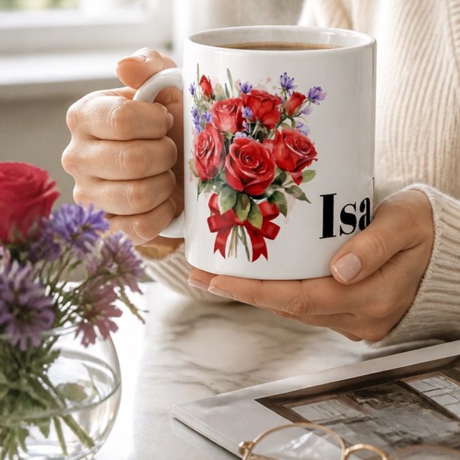 De Café Caneca Personalizada Rosas Vermelhas e Lavanda (Criador carregado)