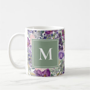 De Café Caneca Rosa Bege Floral Roxo Folhas Verdes