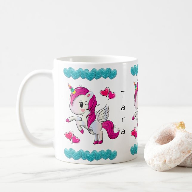 De Café Caneca Unicórnio Corações Azuis (Com Donut)