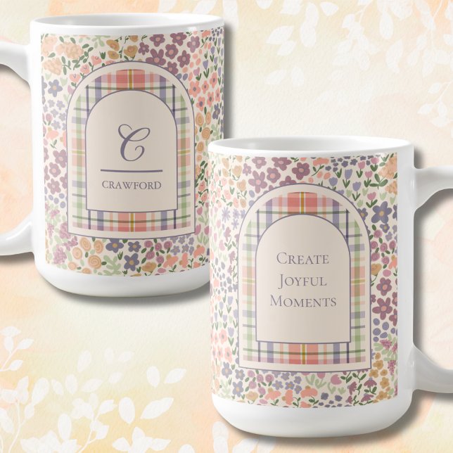 De Café Caneca Xadrez Floral Personalizada – Nome e Citaçã (Personalized Floral Plaid Mug – Custom Name & Inspirational Quote – Create Joyful Moments Gift)
