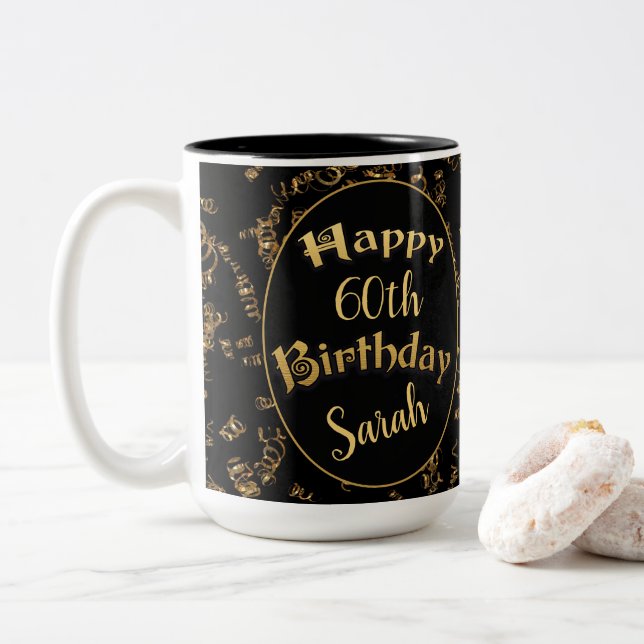 De Café Em Dois Tons 60º aniversário da caneca a preto e Dourado (Com Donut)