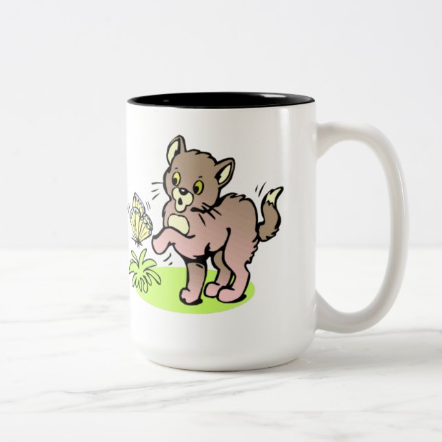 De Café Em Dois Tons A caneca das crianças do gato & da borboleta (Direita)