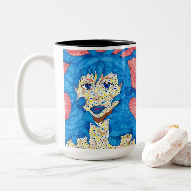 De Café Em Dois Tons Bela na caneca azul (Com Donut)