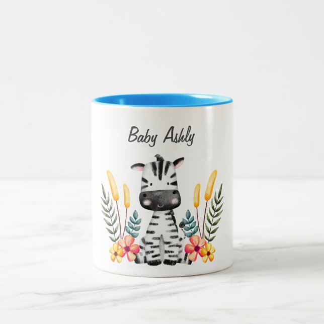 De Café Em Dois Tons Caneca Bebê Zebra Floral Nome Personalizado (Centro)