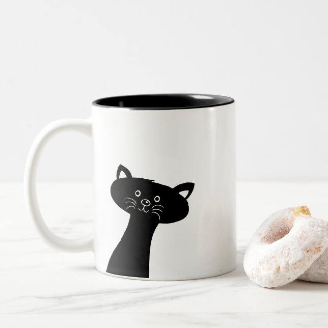 De Café Em Dois Tons Caneca bonito do Dois-Tom do gato preto (Com Donut)