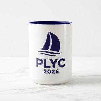 De Café Em Dois Tons Caneca branca PLYC 2026 com interior azul-marinho