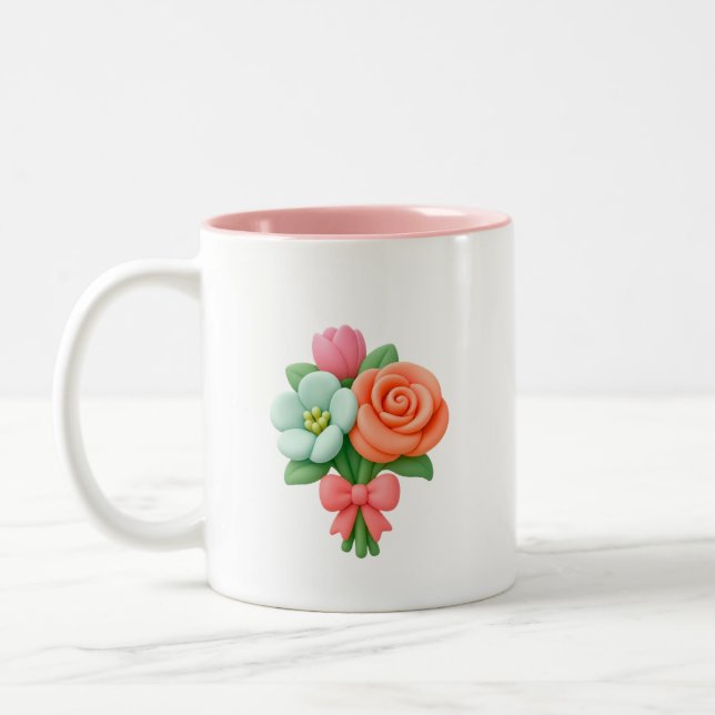 De Café Em Dois Tons Caneca com Buquê Floral 3D e Laço (Esquerda)