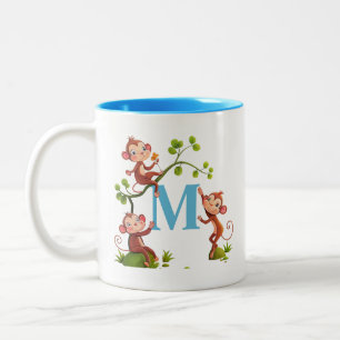 De Café Em Dois Tons Caneca com Macacos Fofo Modernos e Inicial Turques