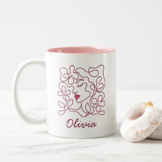 De Café Em Dois Tons Caneca com Nome Personalizado e Arte Floral Minima