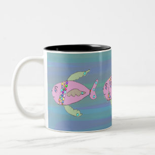 De Café Em Dois Tons Caneca com Peixe Desenhado à Mão