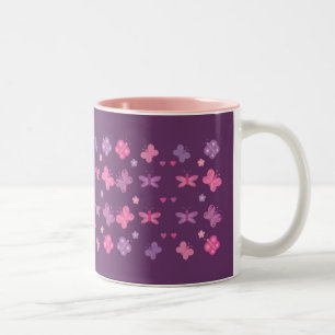 De Café Em Dois Tons Caneca cor-de-rosa & roxa bonito com borboletas