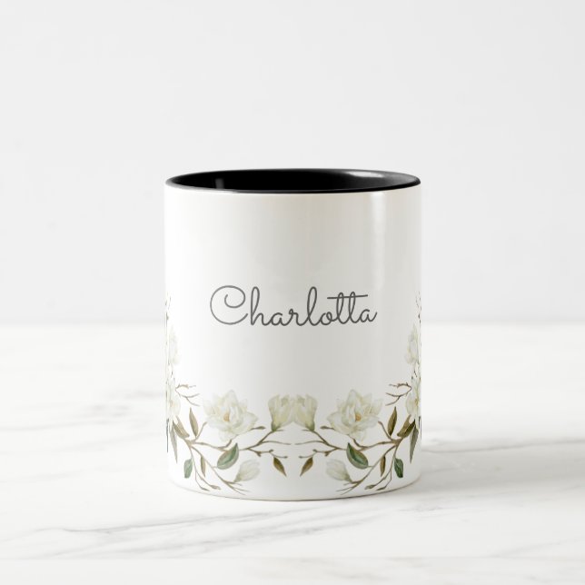 De Café Em Dois Tons Caneca Floral Branca Personalizada, Nome Personali (Centro)