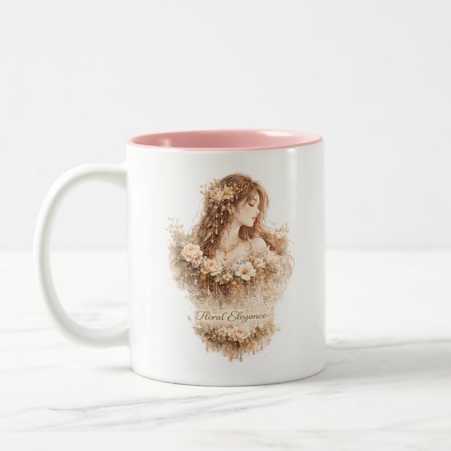De Café Em Dois Tons Caneca Floral Elegância Mulher (Esquerda)