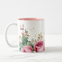 Caneca Floral Elegante com Rosas Rosa e Verde