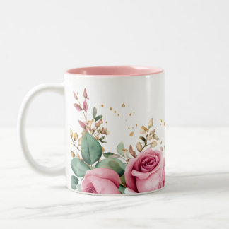 De Café Em Dois Tons Caneca Floral Elegante com Rosas Rosa e Verde