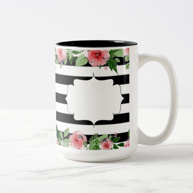 De Café Em Dois Tons Caneca Floral Negra e Branca Elegante (Direita)