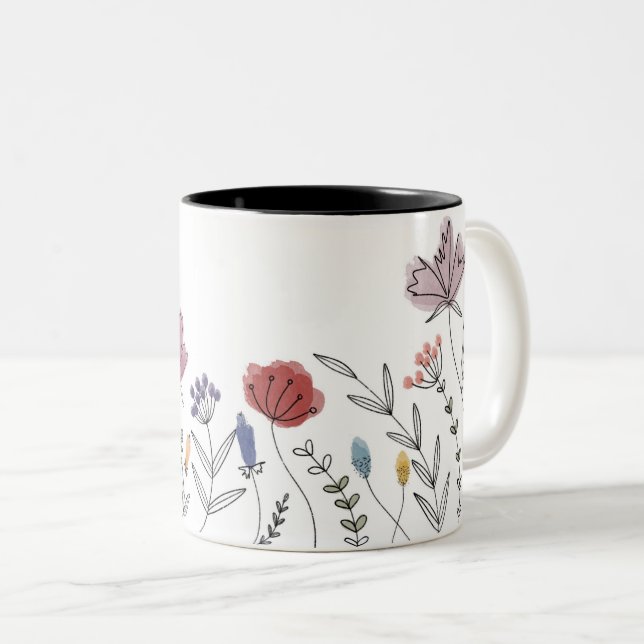 De Café Em Dois Tons Caneca Floral Retirada à Mão (Frente Esquerda)