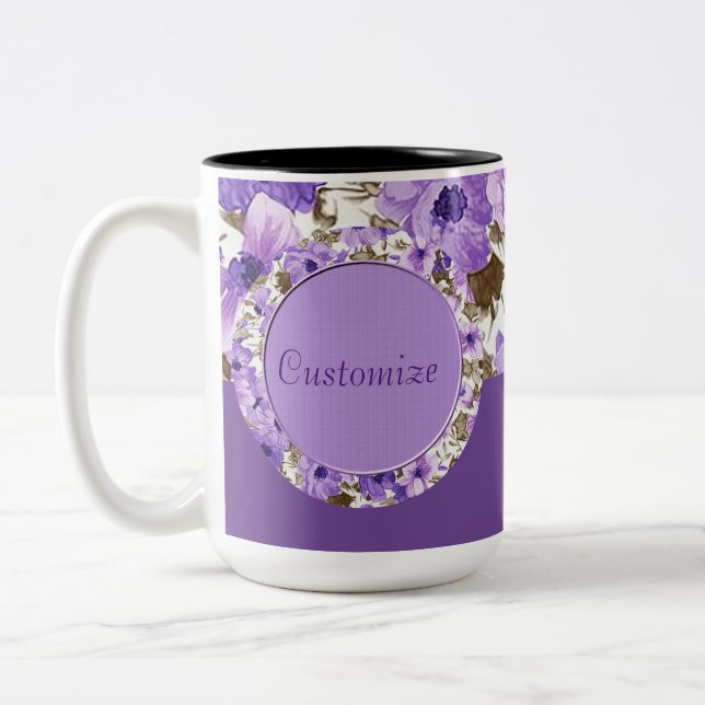 De Café Em Dois Tons Caneca floral roxa & branca personalizada (Esquerda)