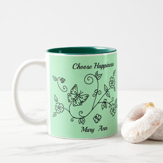 De Café Em Dois Tons Caneca Lembrete Borboleta Verde (Com Donut)