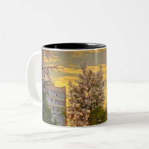 De Café Em Dois Tons Caneca Memória do Pôr do Sol Urbano – Personalizáv