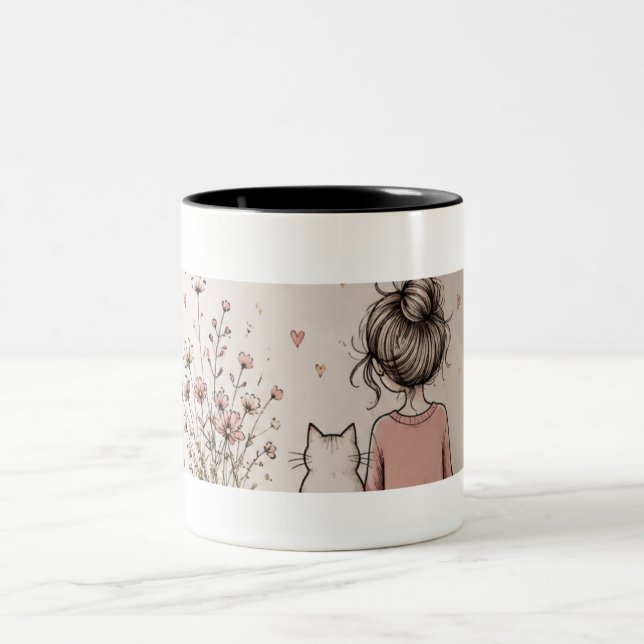 De Café Em Dois Tons Caneca Menina Fofa e Gato (Centro)