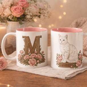 De Café Em Dois Tons Caneca Monograma Olhos Azuis Gato Branco
