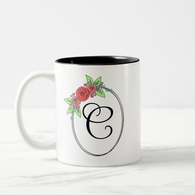 De Café Em Dois Tons Caneca Monogramada Coral Floral (Esquerda)