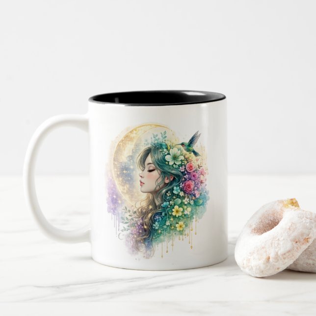 De Café Em Dois Tons Caneca Mulher Floral Etérea Beija-flor (Com Donut)