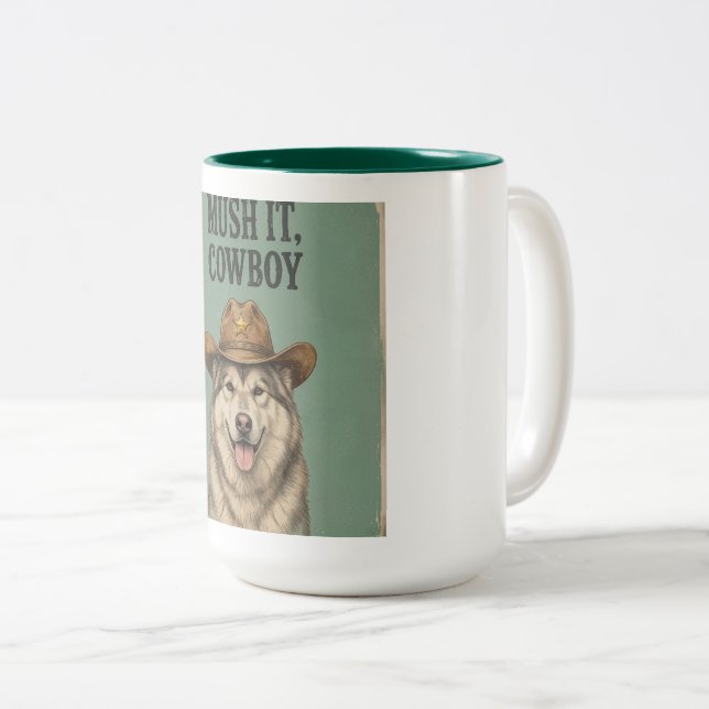 De Café Em Dois Tons Caneca "Mush it, Cowboy" (Frente Esquerda)