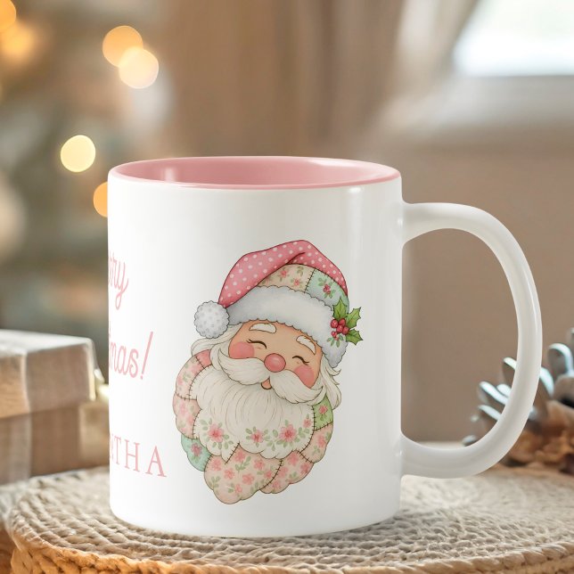 De Café Em Dois Tons Caneca Nome Papai Noel Moderno Rosa (Pink Christmas Santa Claus Name Mug)