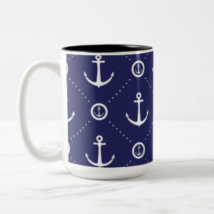 De Café Em Dois Tons Caneca Padrão Âncora Azul e Branco Náutico