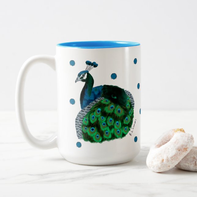 De Café Em Dois Tons Caneca Pavão Pintada à Mão (Com Donut)